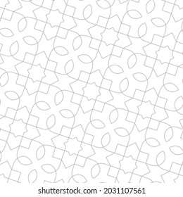 Seamless geometric pattern with stars and stylized flowers. Monochrome vector abstract floral design. Decorative lattice in Arabic style. Background for textile, fabric and wrapping.