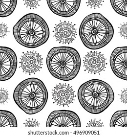 Seamless geometric pattern, steampunk style. Funky colorful circles abstract shapes drawn by hand, black and white graphics.