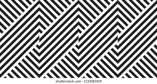 Seamless geometric pattern with striped black white background. Vector illusive background. Futuristic vibrant design.