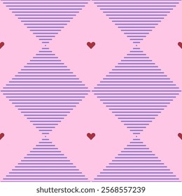 Seamless geometric pattern with striped diamond shapes in soft pink and purple tones, accented by small dark red hearts. Retro-inspired design in minimalist geometry style for girly-themed projects