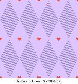 Seamless geometric pattern with striped diamond shapes in purple shades. Preppy-inspired design in minimalist geometry style for girly-themed projects. Argyle pattern with little orange hearts