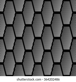 Seamless geometric pattern with striped hexagonal elements. Vector art.