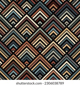 Patrón geométrico sin soldadura con cuadrados multicolores a rayas sobre un fondo negro. Coloridas líneas de zigzag de estilo étnico. Imagen vectorial decorativa para textil, envoltura e impresión.