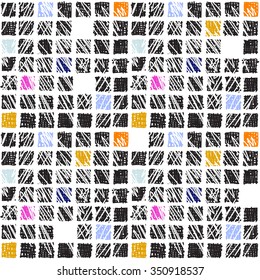 Seamless geometric pattern. The structure of the colored squares on a white background. Graphics, painted by hand. Ornament for design background, wallpaper, fabrics, textiles.