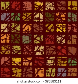 Seamless geometric pattern. The structure of the colored squares on a wine colored background. Graphics, painted by hand, background in retro style, vector.
