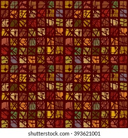 Seamless geometric pattern. The structure of the colored squares on a wine colored background. Graphics, painted by hand, background in retro style, vector.