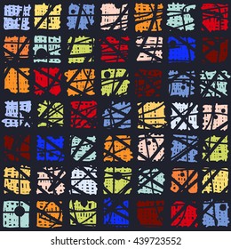 Seamless geometric pattern. The structure of the colored squares on a dark background. Graphics graffiti style, painted by hand, background in retro style, vector.