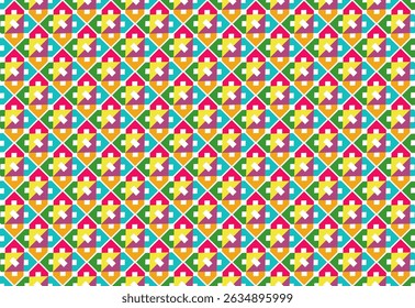 Seamless geometric pattern style color 90s with square shapes triangel house icon, Ideal for textile, fashion, wallpaper, and digital backgrounds. Clean, modern, and fully repeatable.