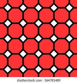Seamless geometric pattern in the style of mosaic tiles black grid on a bright red background with white diamonds
