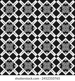 Seamless geometric pattern with stylized floral elements. White on black background. Vector illustration