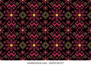 A seamless geometric pattern with stylized floral motifs and ethnic-inspired shapes in pink, yellow, black, and white. The pixel-style symmetry and intricate details make it ideal for textiles
