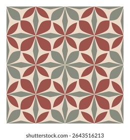 Padrão geométrico contínuo com elementos florais estilizados em terracota, verde sábio e bege. Perfeito para fundos, têxteis ou desenhos de superfície com uma estética retrô ou vintage.