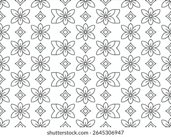 Seamless geometric pattern with stylized flowers and diamonds in black outline