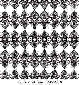 Seamless geometric pattern with stylized hearts. Repeating vintage texture. Abstract white and black background. Retro backdrop. Vector illustration.