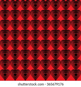 Seamless geometric pattern with stylized hearts. Repeating vintage texture. Abstract red and black background. Bright retro backdrop. Vector illustration.