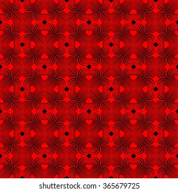 Seamless geometric pattern with stylized hearts. Repeating vintage texture. Abstract red and black background.Bright retro backdrop. Celtic element. Four-leaf clover shaped knots.Vector illustration. 