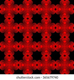 Seamless geometric pattern with stylized hearts. Repeating vintage texture. Abstract red and black background. Dark retro backdrop. Celtic element. Four-leaf clover shaped knots. Vector illustration. 