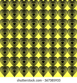 Seamless geometric pattern with stylized hearts. Repeating vintage texture. Abstract yellow and black background. Bright retro backdrop. Vector illustration.