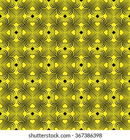 Seamless geometric pattern with stylized hearts. Repeating vintage texture. Abstract yellow and black background. Retro backdrop. Celtic element. Four-leaf clover shaped knots.Vector illustration. 
