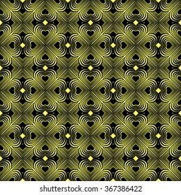 Seamless geometric pattern with stylized hearts. Repeating vintage texture. Abstract yellow and black background. Retro backdrop. Celtic element. Four-leaf clover shaped knots.Vector illustration. 