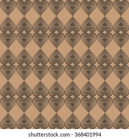 Seamless geometric pattern with stylized hearts. Repeating vintage texture. Abstract brown background. Beige retro backdrop. Vector illustration.