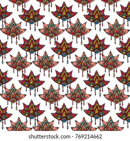 Seamless geometric pattern with stylized lotus and flowers mandalas. Indian, persian, moroccan motives. Bright vector illustration.