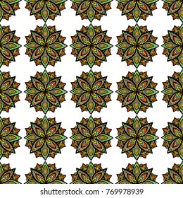 Seamless geometric pattern with stylized lotus and flowers mandalas. Indian, persian, moroccan motives. Bright vector illustration.