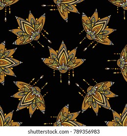 Seamless geometric pattern with stylized lotus and flowers mandalas. Indian, persian, moroccan motives. Bright vector illustration.