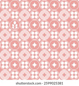 Seamless geometric pattern with stylized pink and white flowers on a dusty rose background. Elegant and repeating design for versatile applications