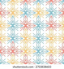 Patrón geométrico sin fisuras de Formas radiales esteladas estilizadas en líneas coral, azul claro y oro-amarillo sobre un fondo blanco. Estética moderna y escandinava de mediados de siglo.