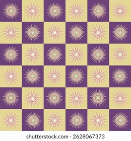 Seamless geometric pattern stylized sunburst motifs arranged in a checkerboard tile layout. Perfect for textile prints, wallpapers, gift wraps, and trendy digital or surface design projects