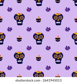 Seamless geometric pattern with sugar skulls and candles on a soft purple background. Festive design inspired by Día de los Muertos traditions, hand drawn flat style