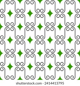Seamless geometric pattern with swirls and diamonds. Vector graphics.