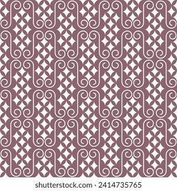 Seamless geometric pattern with swirls and diamonds on a lilac background. Vector graphics.