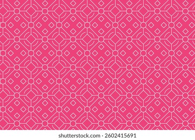 Seamless geometric pattern with symmetrical lines, circles, and diamond shapes. Inspired by traditional motifs, perfect for textiles, wallpapers, packaging, and digital backgrounds.