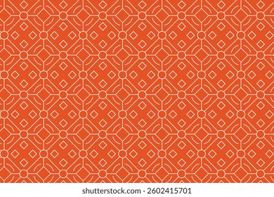 Seamless geometric pattern with symmetrical lines, circles, and diamond shapes. Inspired by traditional motifs, perfect for textiles, wallpapers, packaging, and digital backgrounds.