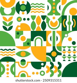 Seamless geometric pattern. Symmetrical shapes collection, neutral eco-friendly colors, yellow and green