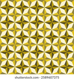 Seamless Geometric Pattern with Symmetrical Star Motifs in Yellow, Green. Diamond sections that form larger hexagon. Reteo Pattern Design for Textiles, Wallpapers, Wrapping paper. Vector Illustration.