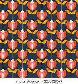 Nahtlose geometrische Muster mit symmetrisch angeordneten abstrakten Tulpen. Muster im modernen Retro-Stil