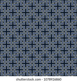 seamless geometric pattern with tangled squares in blue against a midnight blue nearly black background