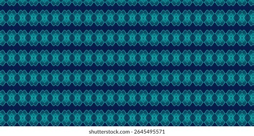 Seamless geometric pattern in teal blue over dark navy background. Elegant abstract symmetry ideal for digital backgrounds, textiles, or wallpaper design.