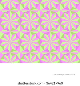 Seamless geometric pattern of the ten pointed star and triangles of different shades of pink and light green colors.