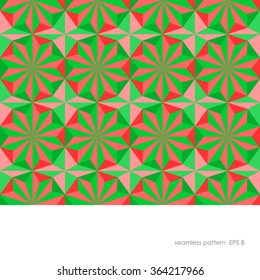 Seamless geometric pattern of the ten pointed star and triangles of different shades of color bright red and green and coral.