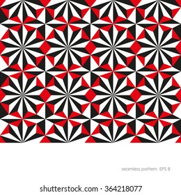 Seamless geometric pattern of the ten pointed star and triangles of black, red and white.