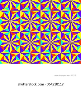 Seamless geometric pattern of the ten pointed star and triangles of different shades of color bright yellow and violet, red and turquoise blue.