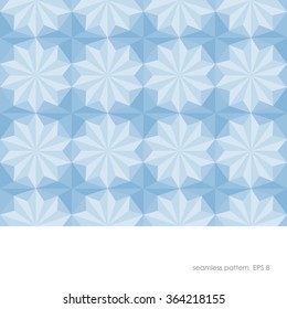 Seamless geometric pattern of the ten pointed star and triangles of different shades of color light blue and dark blue.