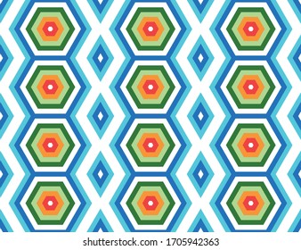 Seamless geometric pattern, texture or background vector in white, red, orange, green and blue colors.