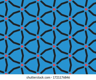 Seamless geometric pattern, texture or background vector in blue, red and black colors.