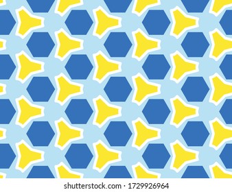 Seamless geometric pattern, texture or background vector in blue, yellow and white colors.