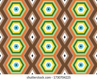 Seamless geometric pattern, texture or background vector in brown, black, blue, white, green and orange colors.